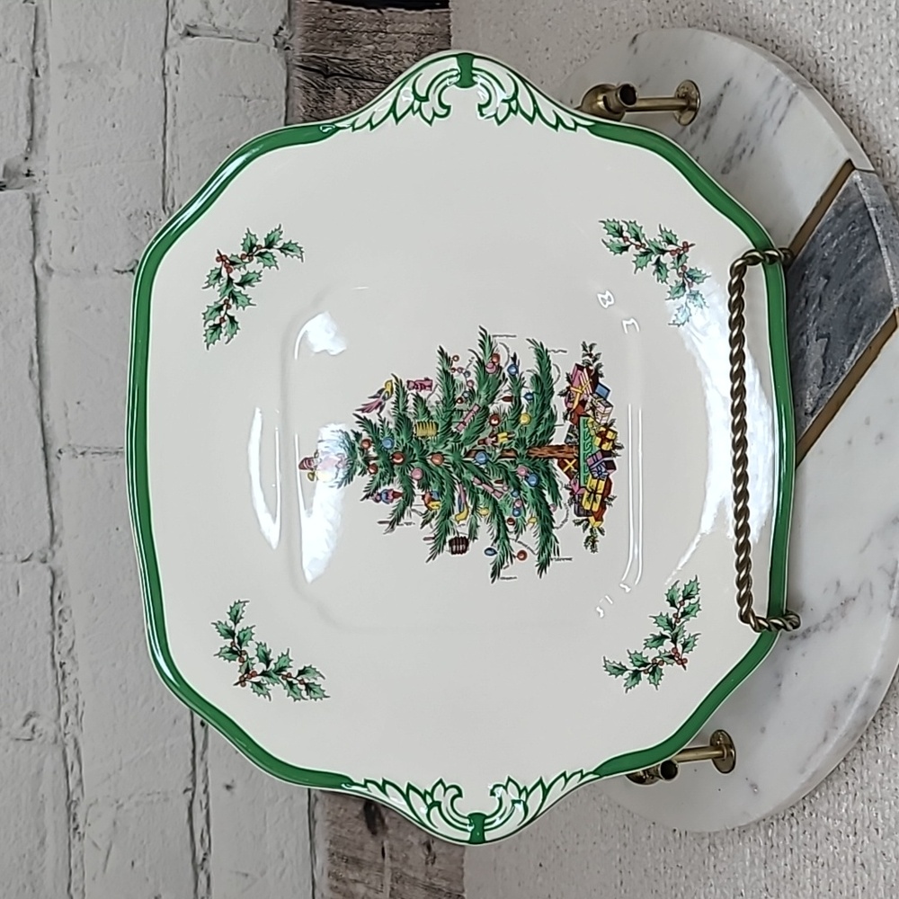 Spode Christmas Tree Vtg Holiday Collectible Ceramic Handled Square Cake Plate